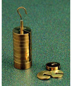 a set of round brass weights that stack on a base; there is a hook at the top so you can hang the weights from a line