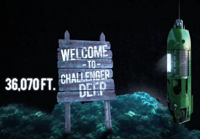 Wooden sign saying 'Welcome to Challenger Deep' with a text box that says 36,070ft. A 3D model of a submersible is shown; the submersible kind of looks like a green gatorade bottle with some windows and various gadgets sticking out of it.