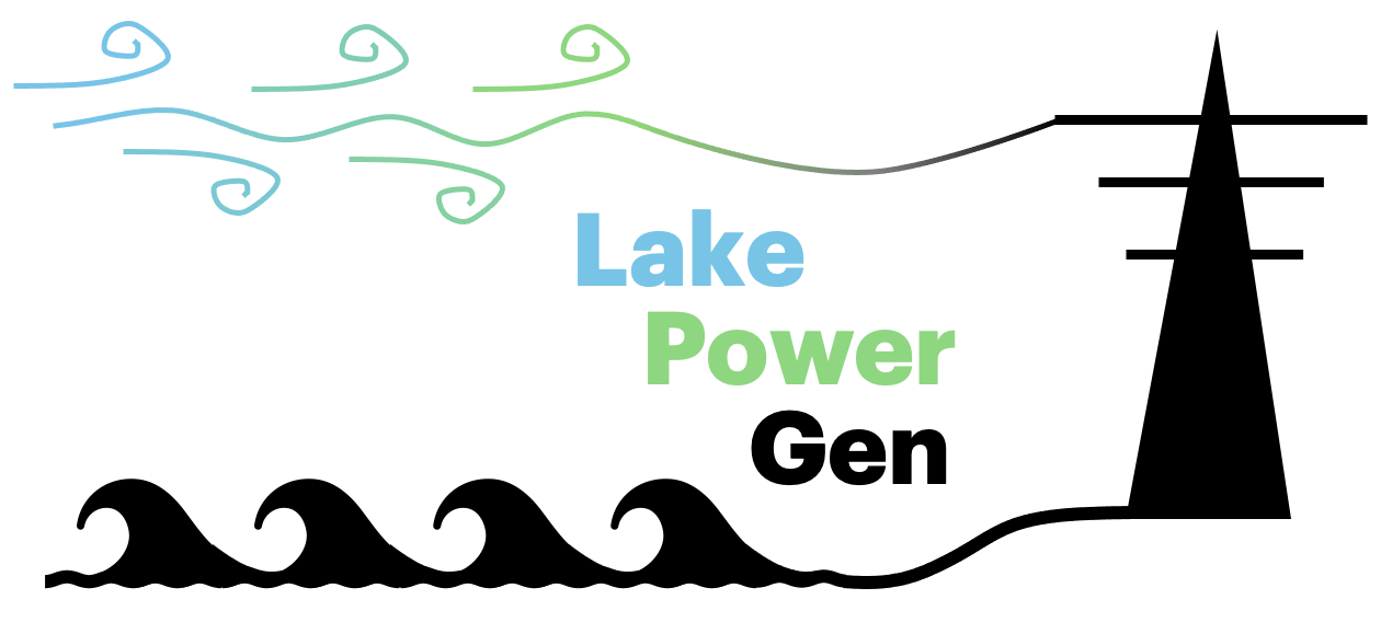 Logo for the ficticous company LakePowerGen. The logo features wind swirls that become a power transmission line. The color scheme is blue, green, and black. 