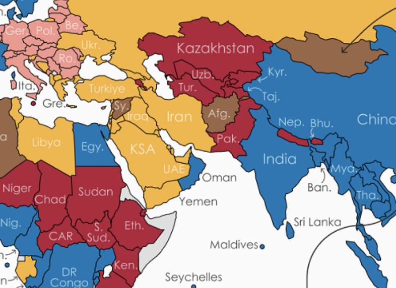 Map of parts of Europe, Asia, Africa, and Oceania. Countries are shown in red, blue, yellow, gray, or pink.