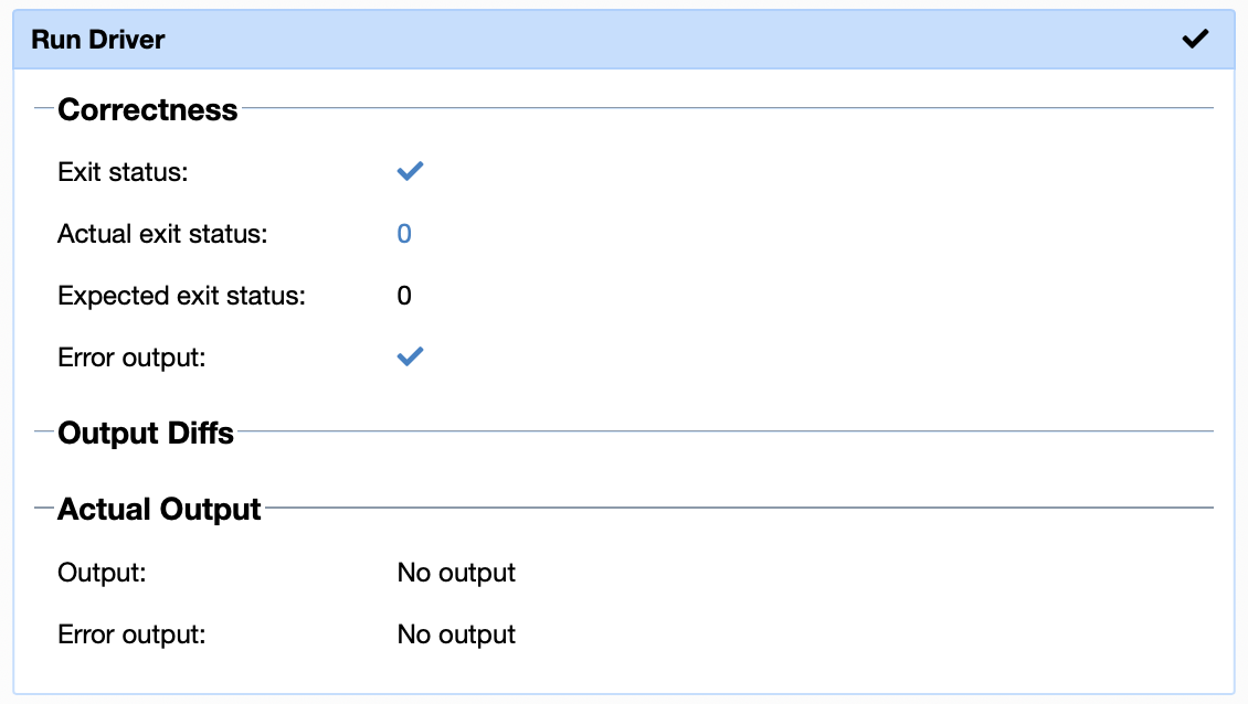 A checkmark shows that the test case passed. Nothing else is really shown for this test case.