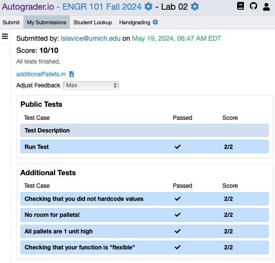 A screen capture of the Autograder web page with each test case box shaded a light blue; this color indicates the code passed the test case.