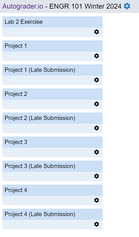 A screen capture of the Autograder web page displaying the listing of projects that a student in ENGR 101 will complete.