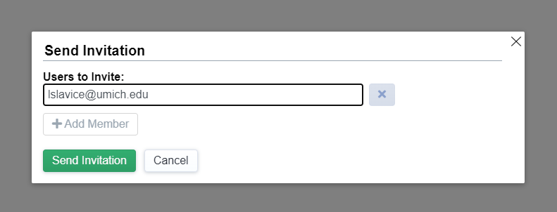 A screen capture of the Autograder web page with a pop-up box labeled 'Send invitation'. There is an entry field below this labeled 'Users to invite:'. The box has been filled in with an example umich email address. Underneath the entry field is an option labeled 'Add Member'.