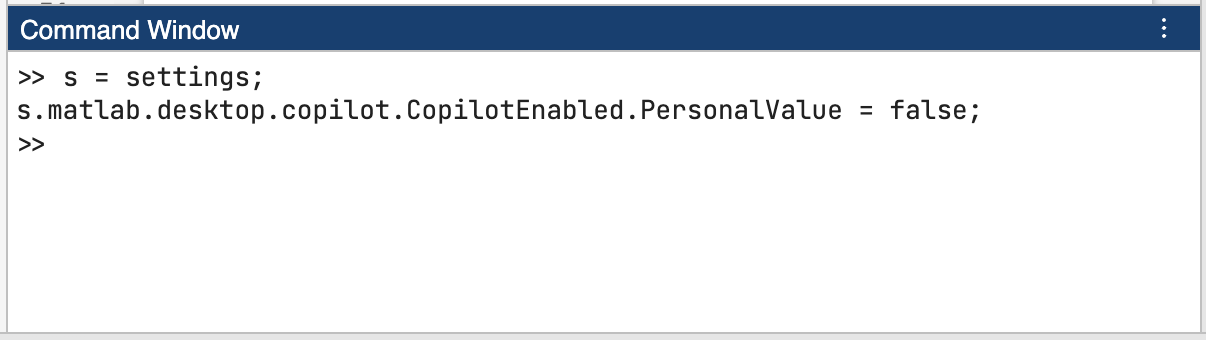 A screen capture of the Command Window in MATLAB. It shows the two lines of code listed above with the two angle brackets indicating the Command Window is ready for you to type the next command.