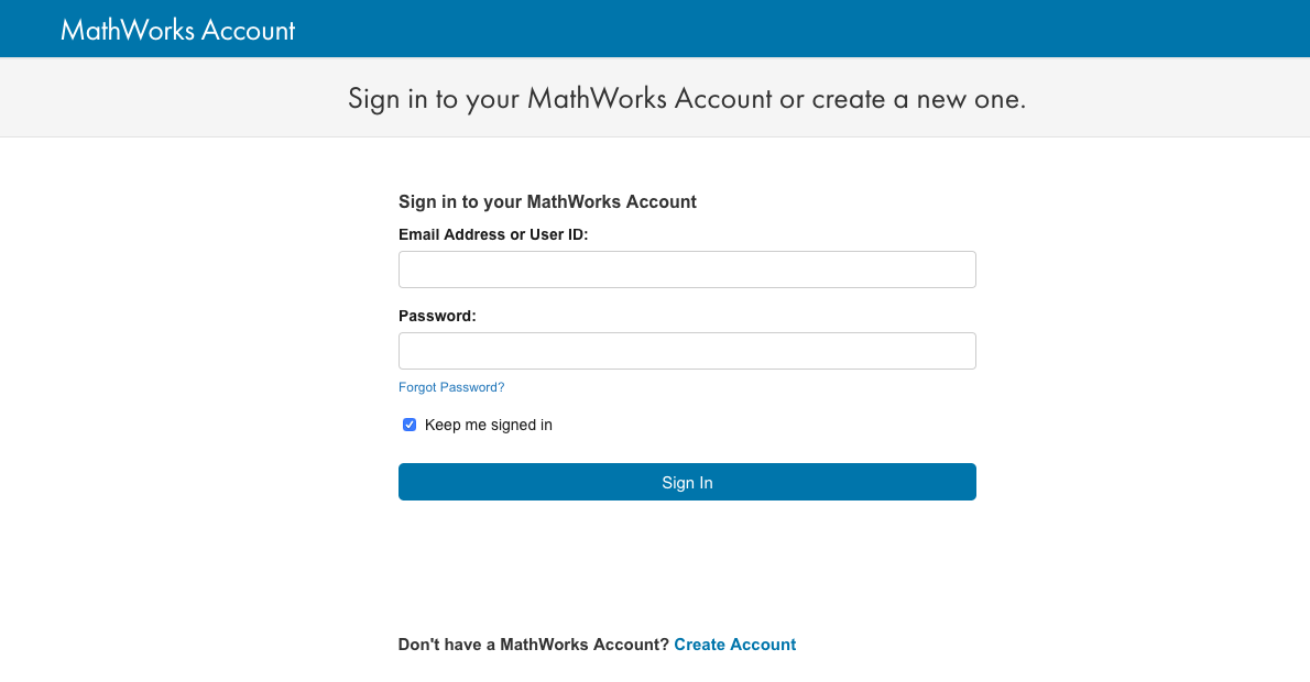 A screen capture of the Mathworks website with several entry fields asking for email address and password to a Mathworks account.