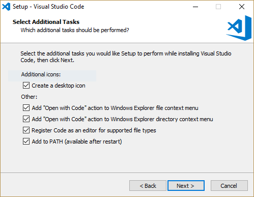 A screen capture of the attitional tasks in the VS Code installer with all the options checked.