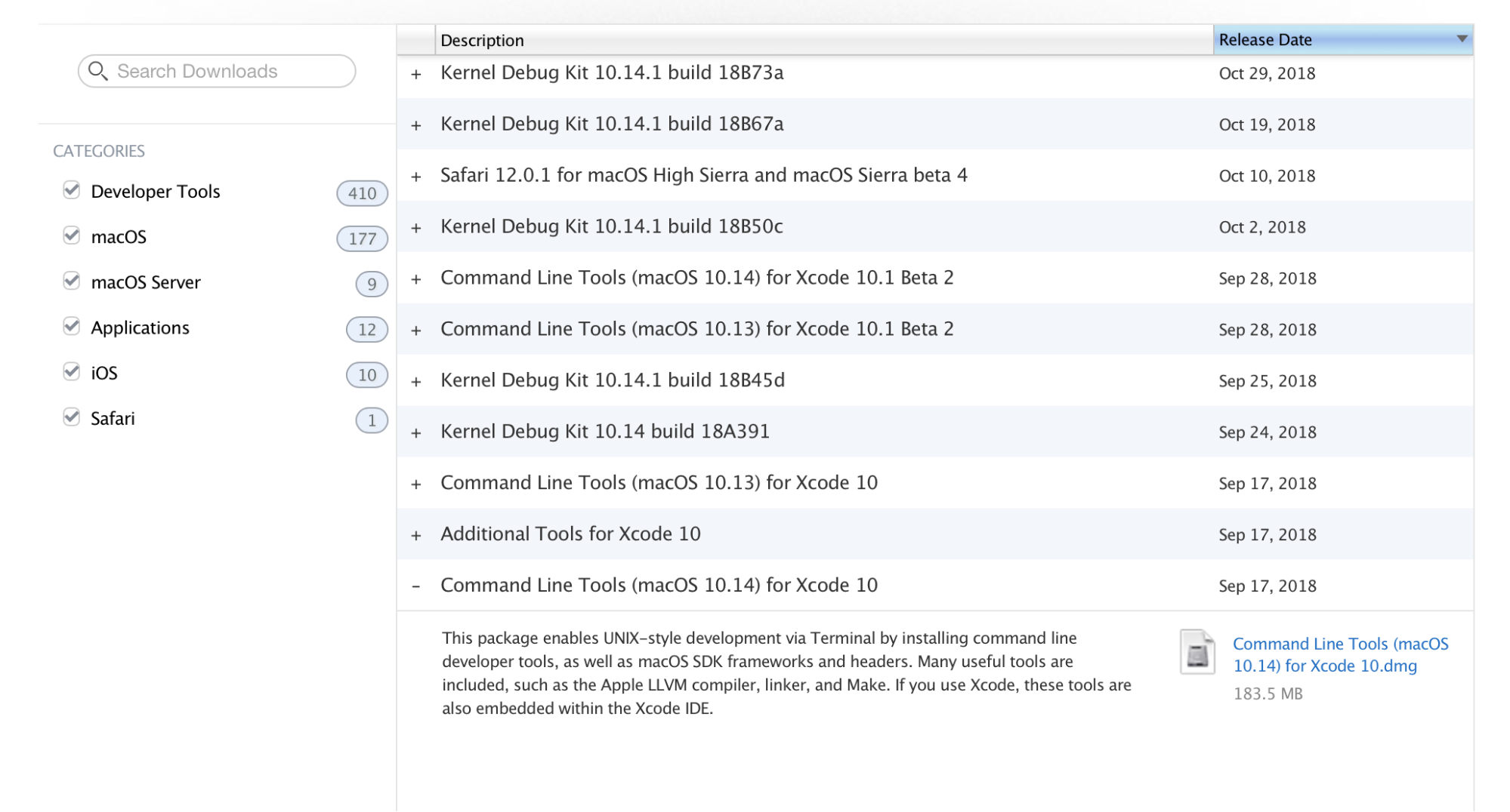 A screen capture of Apple developer tools with a list of tools available on the Mac.