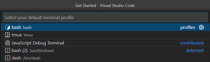 A screen capture of the corner terminal dropdown menu showing the effect of clicking the Select Default Profile option, which lists the terminals available for defaults.