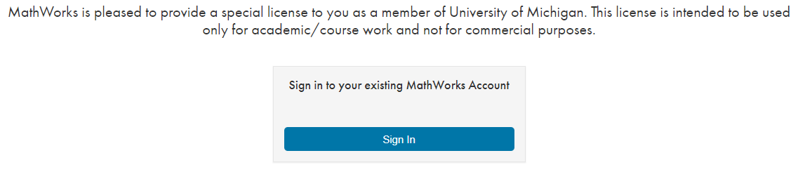 A screen capture of the Mathworks website with a blue button prompting the user to sign in to an existing account.