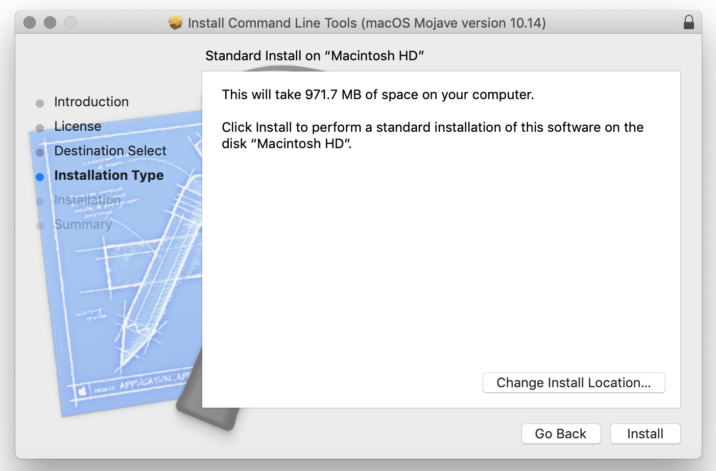 A screen capture of a window confirming Command Line Tools installation on MacOS.