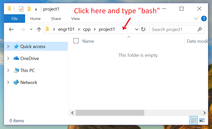 A image of a file explorer with an arrow on the search bar saying 'click here and type 'bash''.