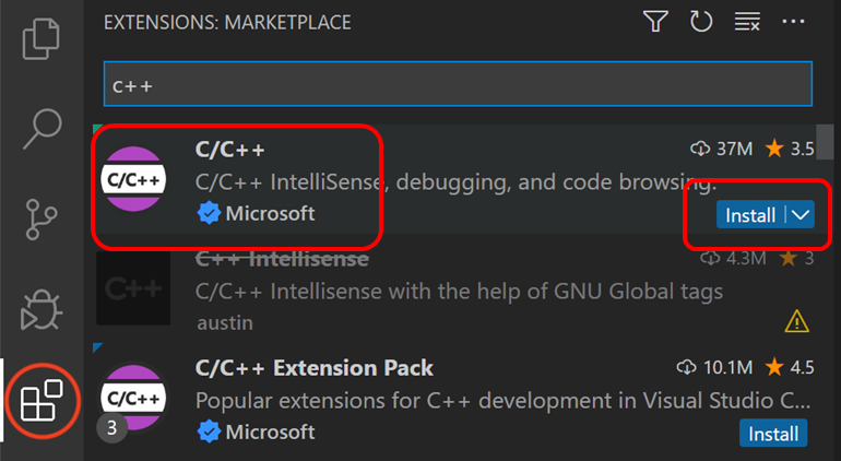 A screen capture of C and C++ extension on VS Code's  extension marketplace.