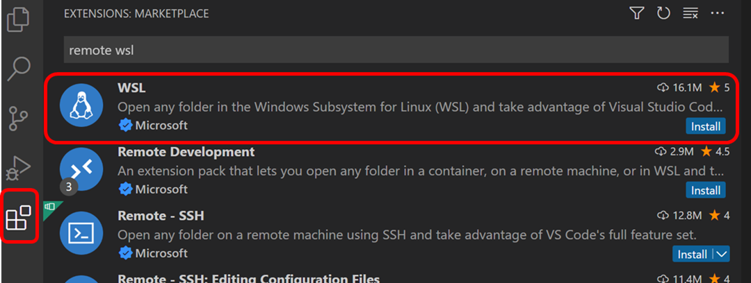 A screen capture of the VS Code Extensions marketplace with 'remote wsl' searched in the search bar.