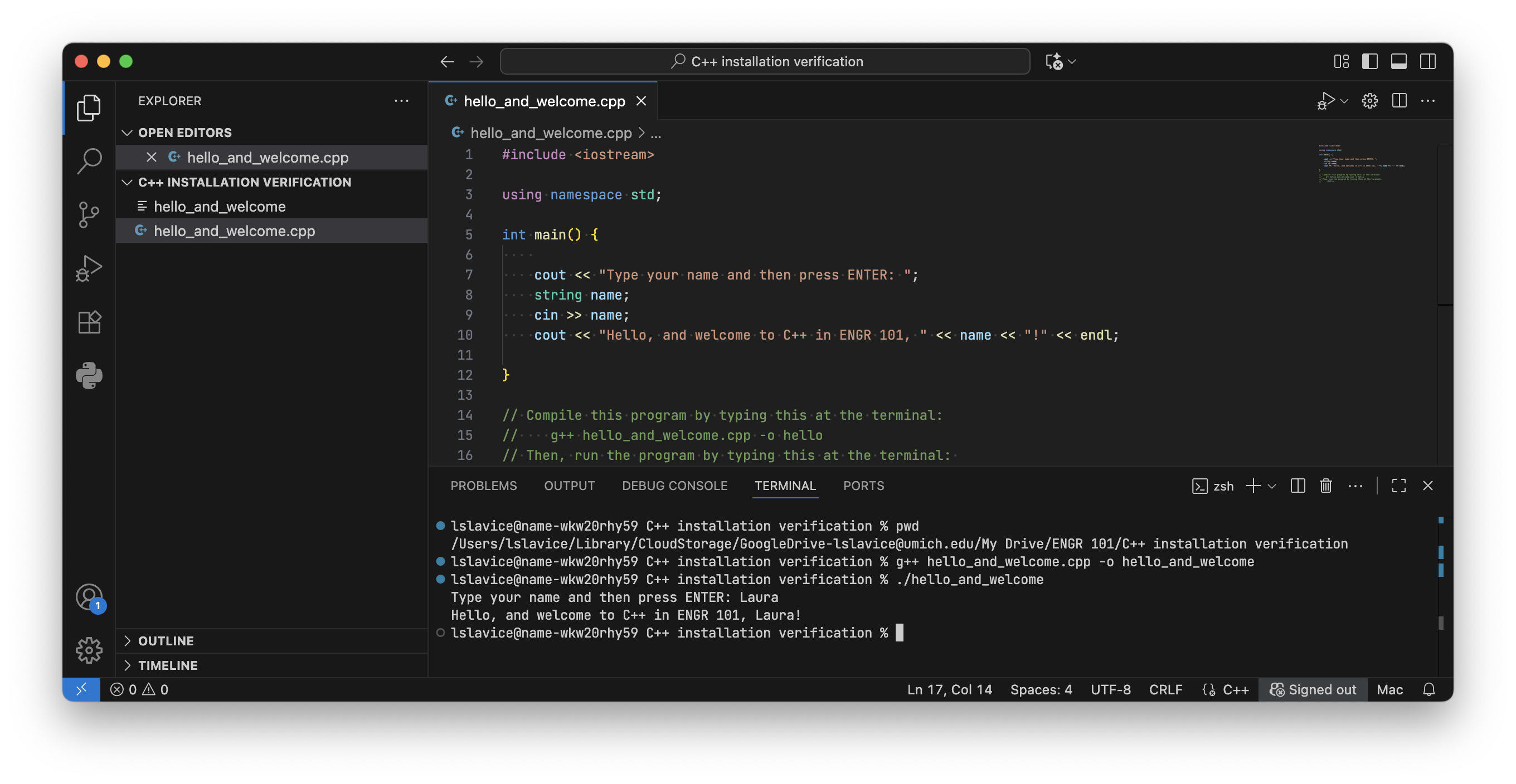 Screenshot of VSCode showing that you can compile and run a program that is stored in a folder that is synced to your Google Drive.