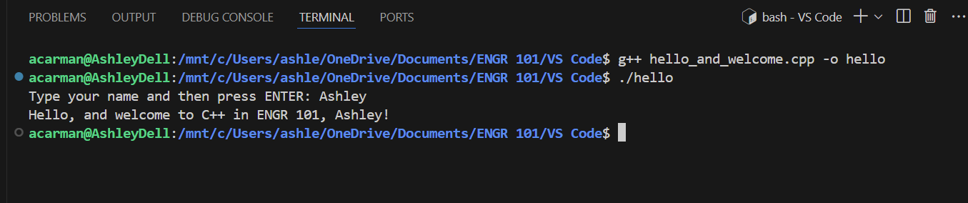 Screenshot of VSCode showing that you can compile and run a program that is stored in a folder in your C: drive.