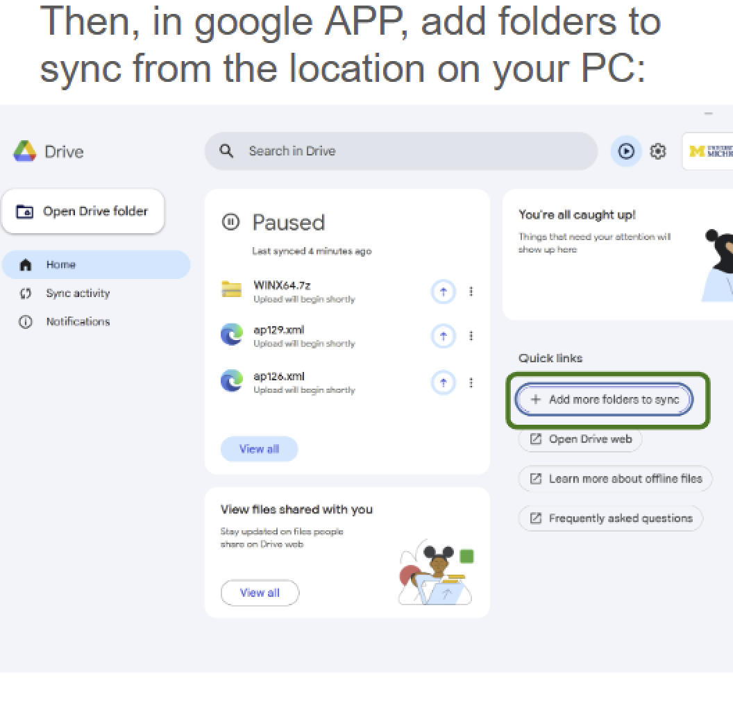 Screenshot of Google Drive application showing where to click to add folders to sync.
