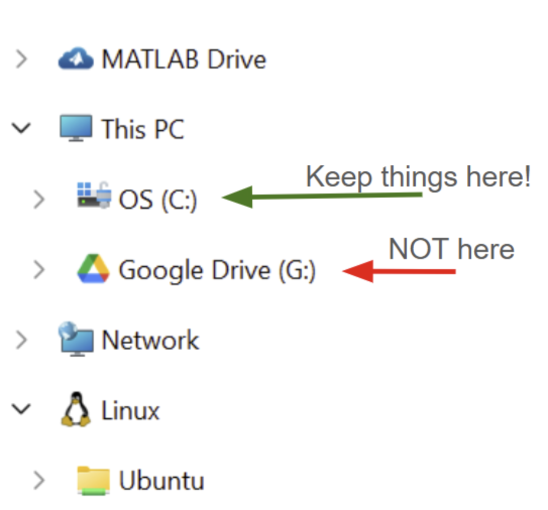 Screenshot showing C: drive versus the Google Drive network drive.