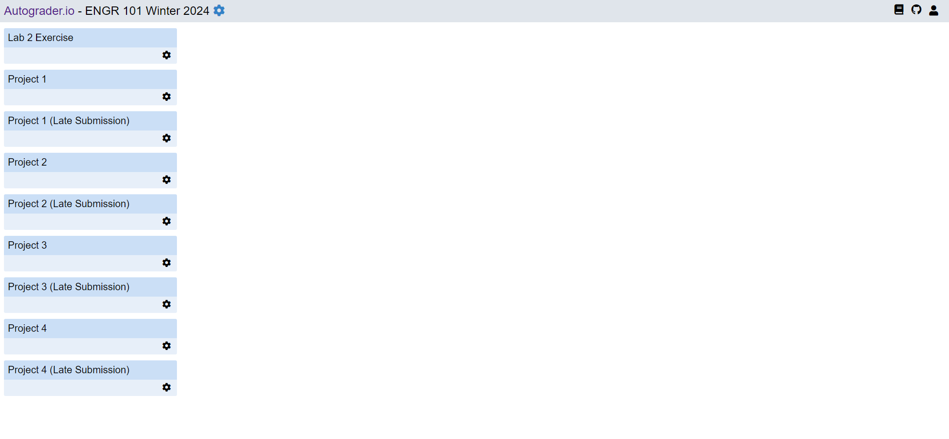 A screen capture of the Autograder web page displaying the listing of projects that a student in ENGR 101 will complete.