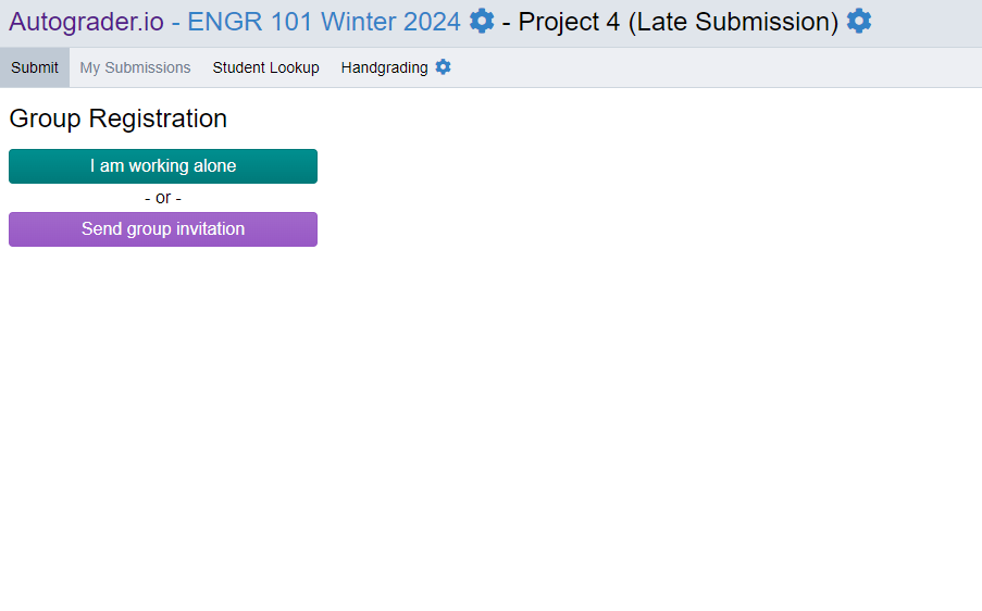 A screen capture of the Group Registration page. There are two buttons on the page. The first is green and says 'I am working alone' and the second is purple and says 'Send group invitation'.