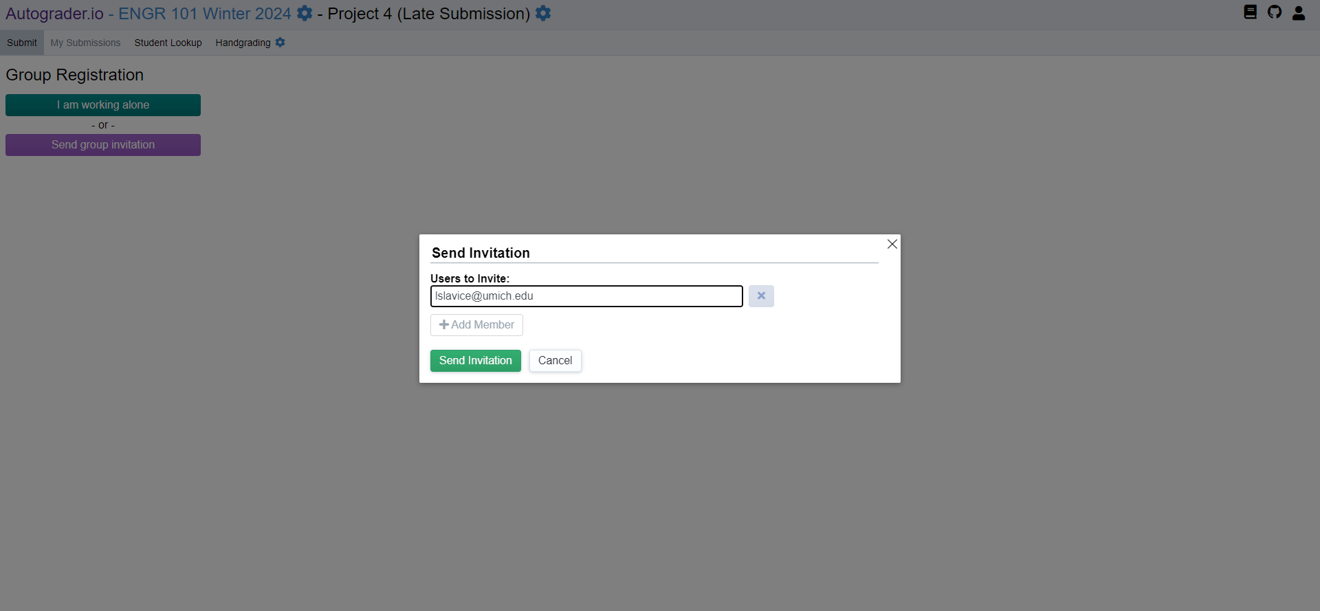 A screen capture of the Autograder web page with a pop-up box labeled 'Send invitation'. There is an entry field below this labeled 'Users to invite:'. The box has been filled in with an example umich email address. Underneath the entry field is an option labeled 'Add Member'.