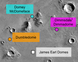 Map of pretend dome settlements on Proxima b, as named by previous ENGR 101 students. Name of domes: Dimmsdale Dimmadome, James Earl Dome, Dumbledome, Domey McDomeface.
