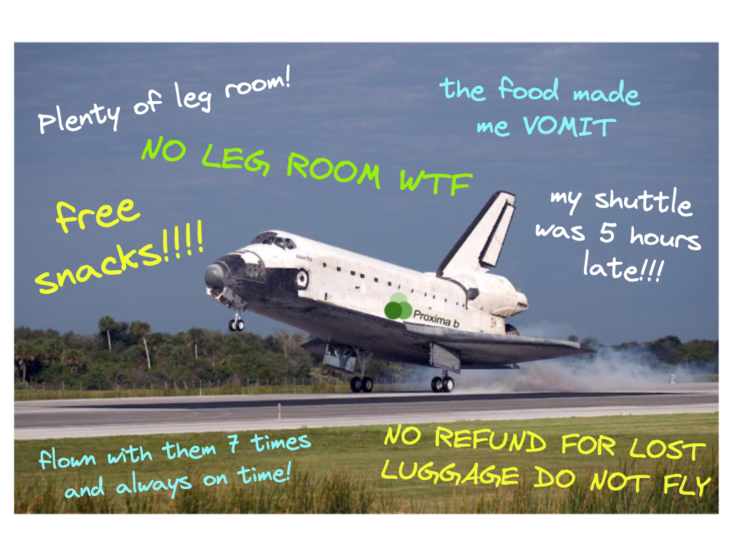 A picture of a space shuttle with various conflicting reviews of flying with the company, such as FREE SNACKS and THE FOOD MADE ME VOMIT.